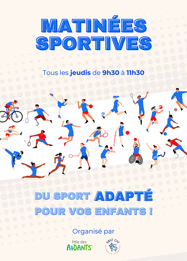 affiche des matinées sportives du pôle des aidants où on voit des dessins de personnes faisant du sport adapté