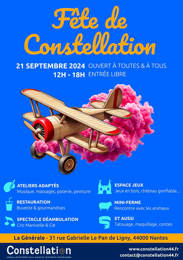 affiche de la fête de constellation où on voit les informations concernant l'évènement un avion devant un nuage rose