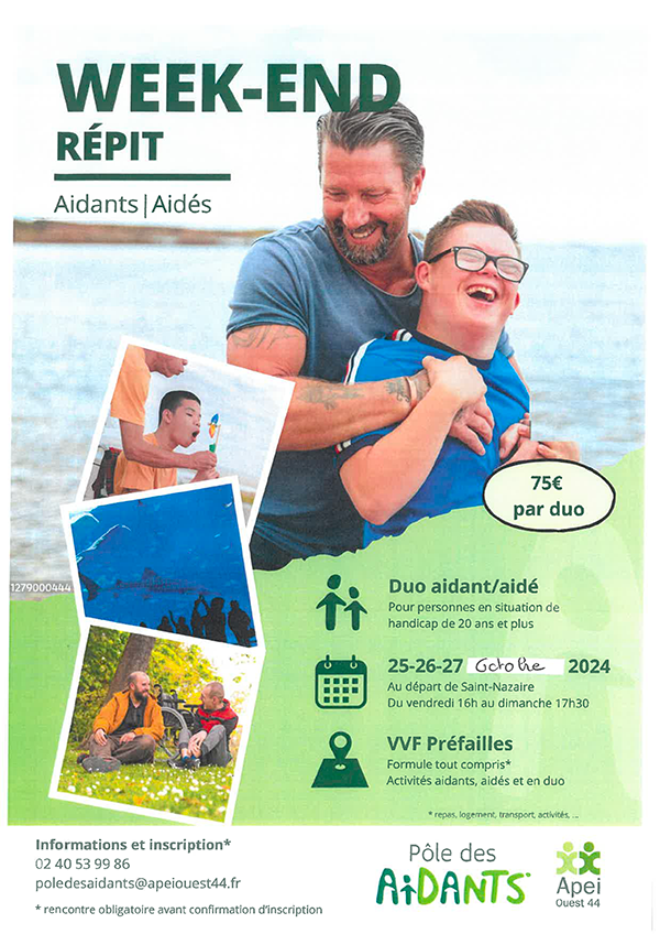 affiche du week-end répit avec une photo d'un duo père-enfant en situation de handicap, ils rient et sont à la mer